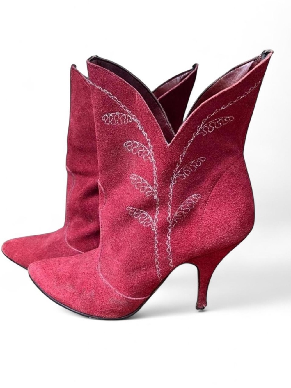 Vintage 60s Red Suede Booties With Silver Threading